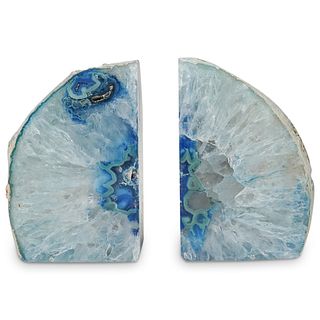 Pair of Blue Agate Geode Bookends