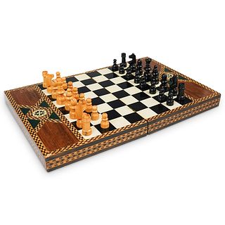Vintage Inlaid Wooden Chess Set