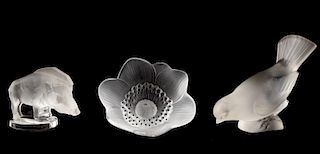 Three Lalique Art Glass Items--Flower, Bird, Hog