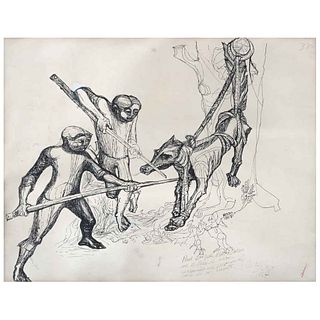 VICENTE ROJO, Cazadores de lobo, Signed and dated 1957, Ink on paper, 17.3 x 22.2" (44 x 56.5 cm)