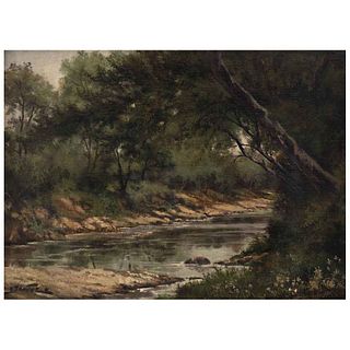 ENRIQUE BENÍTEZ, Paisaje con río, Signed, Oil on canvas, 12 x 15.9" (30.5 x 40.5 cm)
