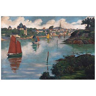 PIERRE PHILIPPE BERTRAND, Entrée du Port de Pornic, Signed, Oil on canvas, 35 x 51.1" (89 x 130 cm)