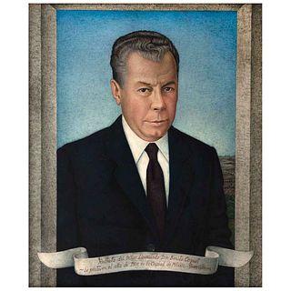 JUAN O'GORMAN, Retrato del Señor Licenciado Don Benito Coquet, Signed and dated Ciudad de México 1964, Tempera/canvas/masonite, 26.3 x 22" (67 x 56cm)