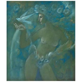 HERIBERTO MÉNDEZ, Desnudo en el jardín, 1982, Signed, Oil on canvas, 27.5 x 23.6" (70 x 60 cm)
