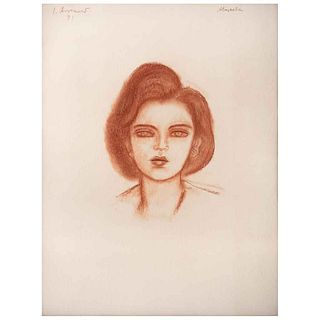 JUAN SORIANO, Marcela, Signed and dated 91, Sanguine on paper, 24.8 x 18.5" (63 x 47 cm), Certificate