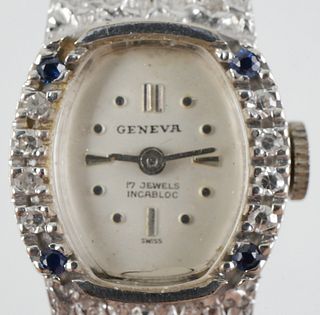 14K White Gold Geneva 17j Diamond Sapphire Watch