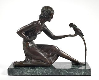 CHIPARUS Art Deco Bronze Sculpture Lady & Parrot