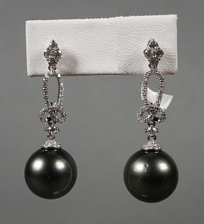 14K Black South Sea Pearl and Diamond Earrings