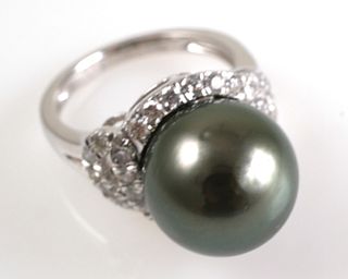 Platinum South Sea Tahitian Pearl Diamond Ring 
