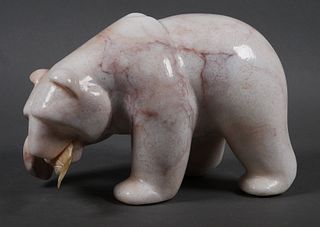 Carved Marble Bear with Fish Sculpture 