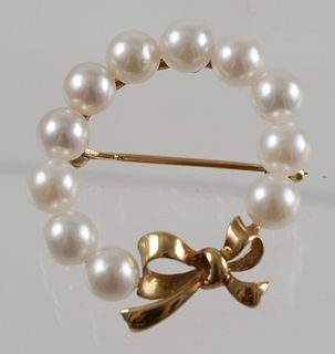 14K Mikimoto Wreath Bowtie Pearl Brooch Pin