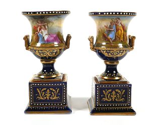 Pair ROYAL VIENNA Porcelain Pedestal Urn Vases