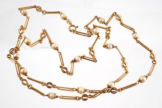 14K Gold and Pearl Bar Link Chain Necklace