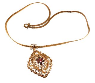 Vintage 14K Bohemian Garnet Pearl Pendant Necklace