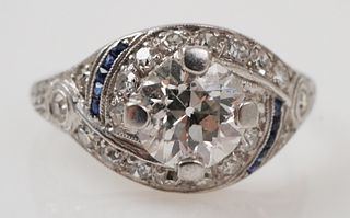 Vintage Platinum Diamond and Sapphire Ring