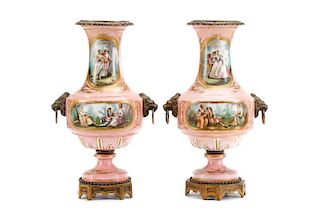 Pair of Pink Sevres Style Figural Vases, 19th C.