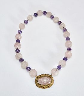 Chinese Rose Quartz and Amethyst Bead Necklace