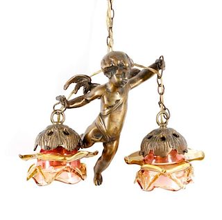 French Bronze Figural Twin Light Hanging Lamp