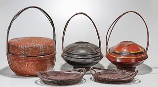 Group of Five Chinese Lacquered and Wood Baskets and Trays