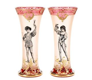 Pair of Bohemian Cranberry Vases w/ Figures