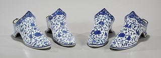 Two Pairs Chinese Blue and White Porcelain Shoes