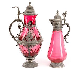Two 19th C. Pewter & Cranberry Glass Ewers
