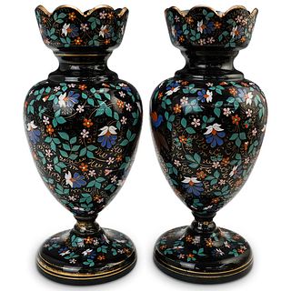Pair Of Moser Enamel and Black Glass Vases