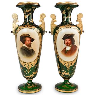 Pair Of Moser Enamel & Green Glass Vases
