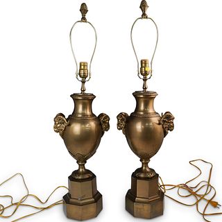 Pair of Art Deco Brass Lamps w/ Rams Head Motif