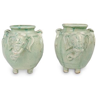 Pair Of Pottery Elephant Jars