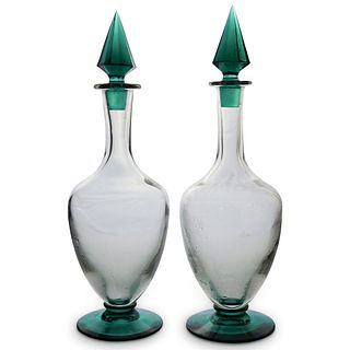 Pair Of Green Glass Decanters