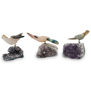 (3 Pc) Carved Stone Toucan Parrots on Amethyst Geode