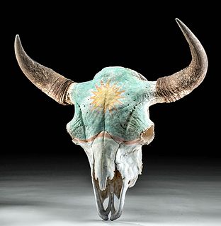 19th C. SW Painted Bull Skull w/ Horns - Sun Motif