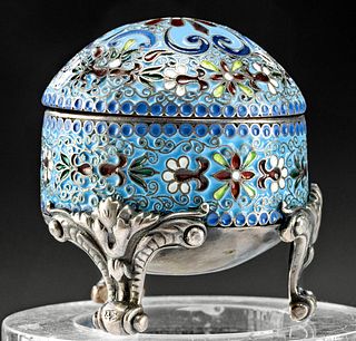 19th C. Russian Cloisonne Silver Lidded Jar w/ Feet