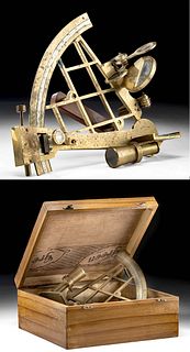 19th C. European Brass, Wood & Glass Nautical Sextant