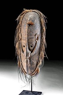 20th C. Papua New Guinean Wood Mask with Feathers