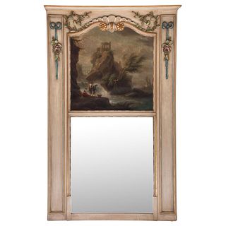 TRUMEAU FRANCE, 19TH CENTURY Carved and polychrome wood panel, mirror and oil painting with traditional landscape scene 33.4 x 43.3" (85 x 110 cm)