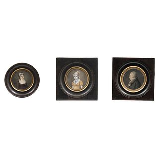 LOT OF THREE MINIATURES EUROPE, 19TH CENTURY Oil on sheet, watercolor and gouache and lithography 3.1" (8 cm) maximum size