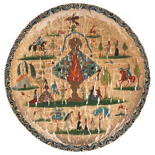 WOODEN TRAY WITH IMAGE OF THE VIRGIN DE SAN JUAN DE LOS LAGOS MEXICO, 20TH CENTURY Oil on wood 22.4" (57 cm) in diameter