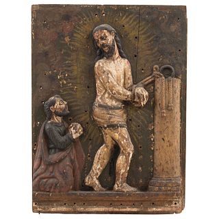 CRISTO ATADO A LA COLUMNA MEXICO, 18TH CENTURY Relief on polychrome wood, glass eyes 23.6 x 17.9" (60 x 45.5 cm)