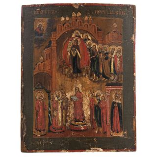 ICON PROTECTION OF THE MOTHER OF GOD RUSSIA, LATE 19TH CENTURY Oil on gilded and sgraffito wood. 12.9 x 10.4"  (33 x 26.5 cm)