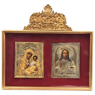 PAIR OF ICONS RUSSIA, 20TH CENTURY. OIL ON WOOD. VIRGIN WITH CHILD. 7 x 5.7" (18 x 14.5 cm) JESUS CHRIST 6.8 x 5.5" (17.5 x 14 cm)