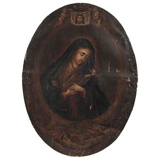 OUR LADY OF SORROWS WITH ARMA CHRISTI MEXICO, 18TH CENTURY Oil on canvas 33 x 25.1" (84 x 64 cm)