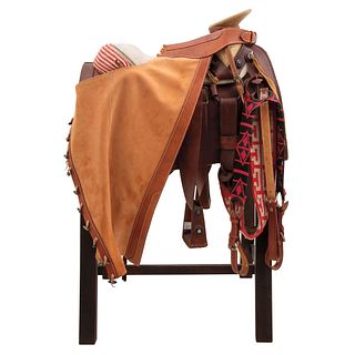 13 FAENA CHARRO SADDLE Saddle with smooth chaps skirt, machete, breastplate, bridle, sarape and whip