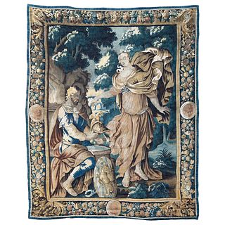 EUROPEAN TAPESTRY, 18TH CENTURY MYTHOLOGICAL SCENE Conservation details 104.3 x 87" (265 x 221 cm) Lot with recovery price