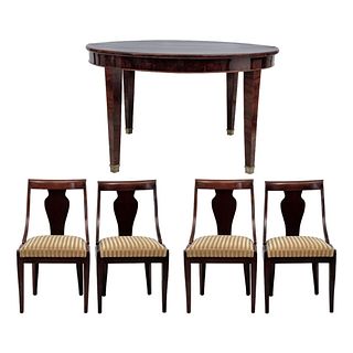 ROUND TABLE WITH CHAIRS FRANCE Ca. 1900 Mahogany veneer Table: 29.9 x 49.2" (76 x 125 cm) Chairs 35" (89 cm) tall