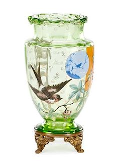 Japonisme Style Green Glass Vase w/ Gilt Base