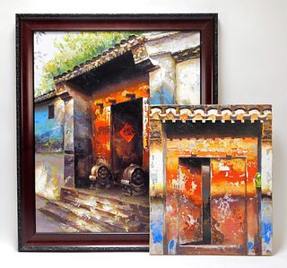 2PC Asiatic Architectural Street Scene Paintings