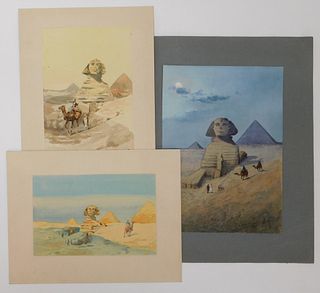 3PC Egyptian Revival Watercolor Paintings