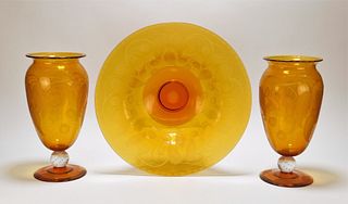 LG! 3PC Pairpoint Amber Glass Vases & Center Bowl